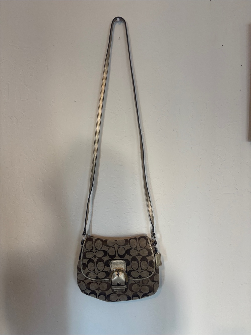 Coach Tan and Brown Signature Canvas Shoulder Bag with Gold Buckle